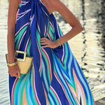 Phuket Dinner Colorful Wave Print Tassel Halter Maxi Dress