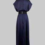 Loose Raglan Sleeve Solid Color Split-Joint Tied Waist High Neck Maxi Dresses