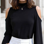 Cold-Shoulder High-Neck Blouse With Flared Sleeves