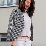 Houndstooth Double Breasted Button Down Notch Collar Blazer Jacket with Pockets