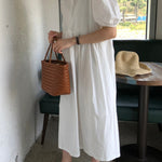 Original Loose Solid Color Pleated Puff Sleeves Midi Dress