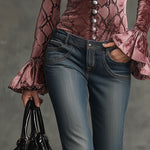 Vintage Pink Velvet Crocodile Print V-Neck Flared Long-Sleeved Shirt