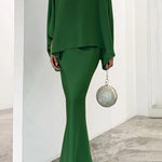 Batwing Sleeves Pearl Solid Color Round-Neck Shirts&Skirts Suits