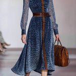 Vintage Blue Leopard Print Shirt Collar See-Through Long Sleeve Dress