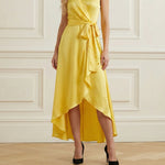 High-Low Loose Ruffle Trim Solid Color Tied Waist V-Neck Maxi Dresses