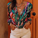 Nadorine Retro Oil Painting Printed Shirt V-neck Bubble Sleeve Top for Women Casual Work Office Loose Fit 2026 | Under $40