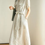 Short Sleeve Vertical Stripe Waist Shirt Dress with Belt