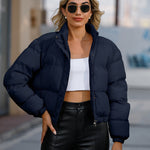 Short Puffer Jacket Stands Up Button Zipper Outerwear