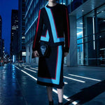 Irregularity Long Sleeves Abstract Printed Asymmetric Contrast Color Ribs Split-Joint Round-Neck Sweater Tops