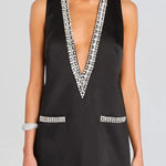 Elegant Demeanor Satin Gemstone Trim Deep V-Neck Tank H-line Mini Dress