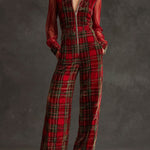 Retro Long-sleeved Mesh Red And Green Plaid Velvet Wide-leg Jumpsuit