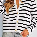 Casual Daily Stripe Buttons Weave O Neck Outerwear