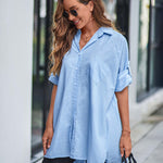 Nadorine Long Cuffed Sleeve Shirts Button Down V Neck Blouse Loose Fitting Tops