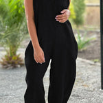 V-neck wide-leg pants suspenders solid color long jumpsuit