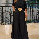 Women's Satin Two Piece Set Convertible Shoulder Drawstring Sleeve Top and Wide Leg Pants Set without Belt