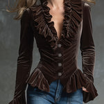 Fashion Retro Cocoa Brown Velvet V-Neck Ruffled Long-Sleeved Shirt