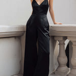 Black Satin Spaghetti-Strap Wide-Leg Jumpsuit
