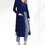 Long Velvet Cardigan Jacket Casual Open Front Velour Lapel Cardigan Maxi Blazer