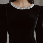 Elegant Velvet Mini Dress With Embellished Neckline And Floral Cuff Detail
