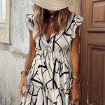 Geometric Print V-neck Ruffle Midi Dress