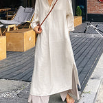 Nadorine Women's Casual Loose Long Sleeve Solid Color V-Neck Summer Maxi Shirt Dress