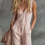Elegant Retro Sporty V-neck Front Zipper Sleeveless Light Pink Cotton Jumpsuit