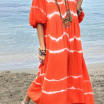 Striped tie-dye bubble half-sleeve V-neck casual dress