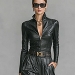 Women's Fashion PU Leather Slim Fit Zipper Stand Collar Shirt Pants Set