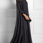 Batwing Sleeves Loose Jacquard See-Through Solid Color Split-Joint Three-Dimensional Flower Round-Neck Maxi Dresses