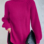 Mid-Length Raglan Sleeve Turtleneck Slit Sweater