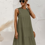 Solid Sleeveless Ruffle Sundress Round Neck A Line Pleated Mini Short T Shirt Dress