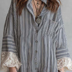 Bohemian Casual Striped Button Shirt Dress With Lace Trim