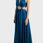 Midnight Charm Satin Ruched Cutout Tie-up Maxi Dress