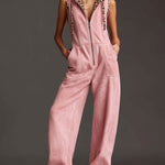 Western Retro Pink Faux Suede Sleeveless Leopard Print Hooded Wide-Leg Jumpsuit