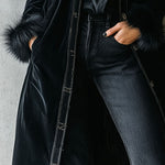 Elegant Tailoring Long Black Velvet Coat With Eco Fur Collar & Cuffs