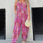 V Neck Street Daily Retro Printed Loose Fit Sleeveless Jumpsuits