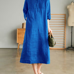 Loose Stitching Solid Color V-neck Half-sleeved Mid-length Dress