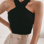 Nadorine Casual Knitted Tank Tops Crisscross Front Halter Knit Top