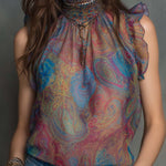 Retro Pleated Neck Paisley Chiffon Tank Top