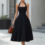 Black Halter Neck Fit-and-Flare Midi Dress