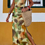 Contrast Tie-Dye Crew Neck Sleeveless Slit Hem Dress