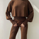 Women's Knitted Two Pieces Sets Turtleneck Cropped Sweater with High-waisted Flared Pants