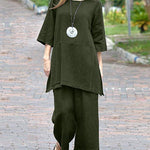 Plus Size Solid Color Retro Pants Casual Long Sleeve Loose Blouse Set