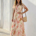 Elara | V Neck Short Sleeve Floral Maxi Dress