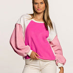 Nadorine Colorblock Bishop Sleeve Sweatshirt Plush Stitching Jumper Crop Top