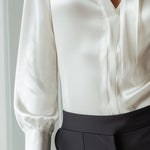 Ivory Satin Tie-Neck Long Sleeve Blouse With Keyhole Detail