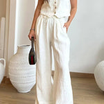 Casual Solid Color Cotton Linen Vest & Lace-Up Pants Two-Piece Set