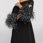 Elegant Simple Black And White Feather Long Sleeve Party Dress
