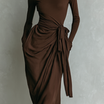 Women's Elegant Dark Brown Stretch Knit Turtleneck Long-sleeved Slim-fit Maxi Dress