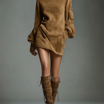 Women's Vintage Loose Suede Turtleneck Mini Dress